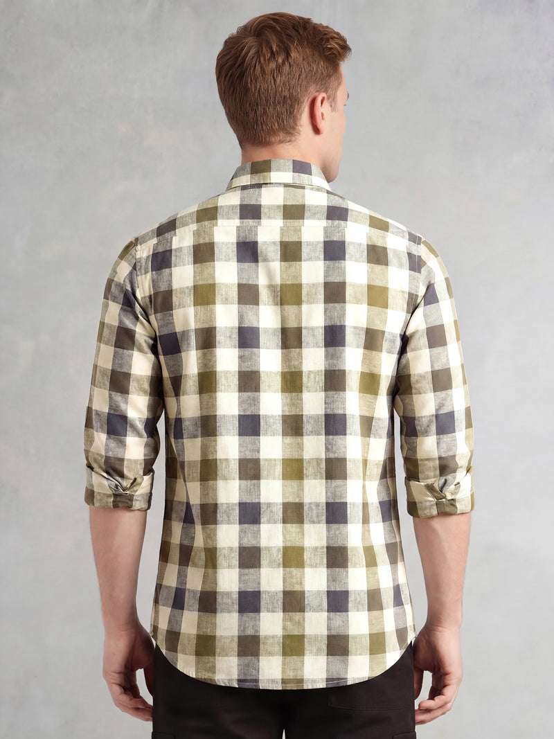 Thomas Scott Men Navy Cricket Club Collection Long Sleeves Button-Down Collar Cotton Linen Gingham Checks Shirt