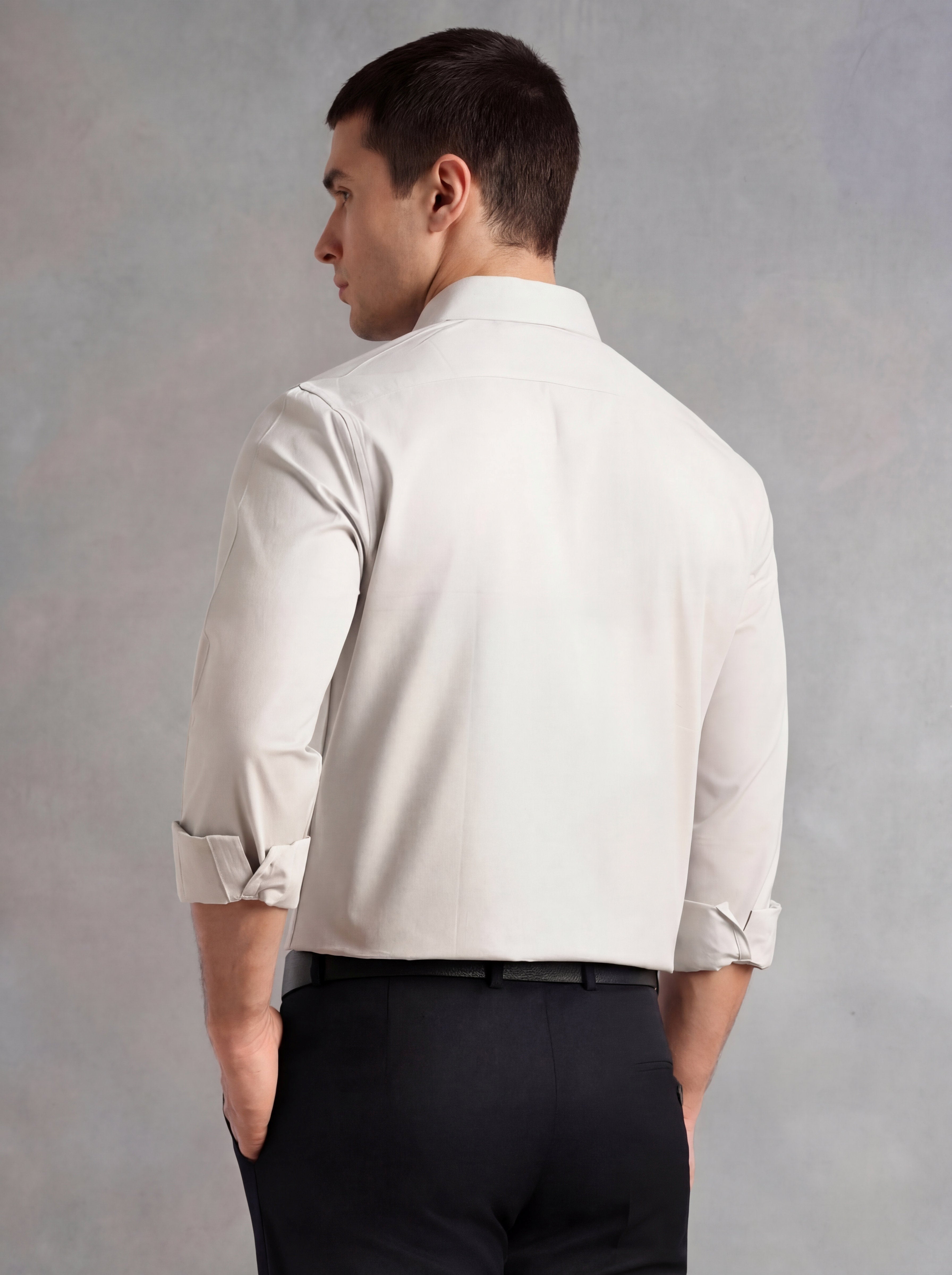 Thomas Scott Men Grey Regular Fit Long Sleeves Spread Collar with Contrast Fabric Solid 100% Cotton Formal Shirt
