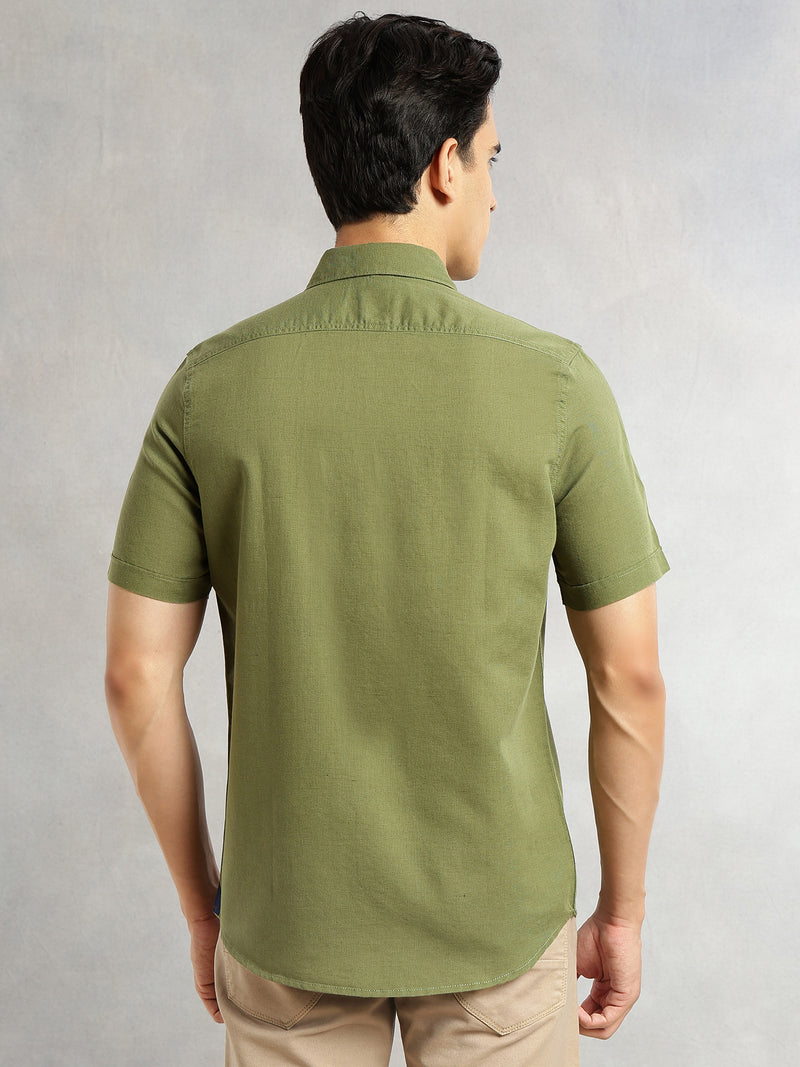 Thomas Scott Men Olive Premium Short Sleeves Slim Fit Spread Collar 2 Flap Pockets Solid Cotton Linen Casual Shirt