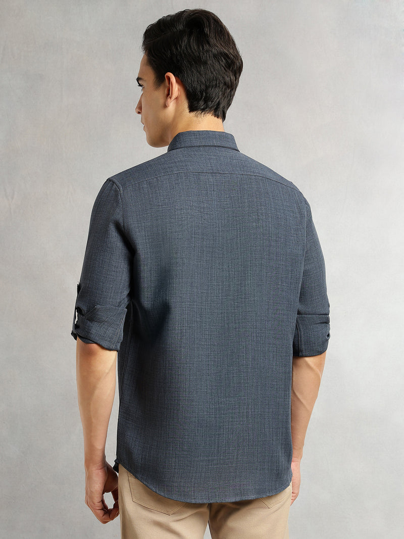 Thomas Scott Men Mid Blue Slim Fit Long Sleeves Button-Down Collar Polyester Casual Shirt