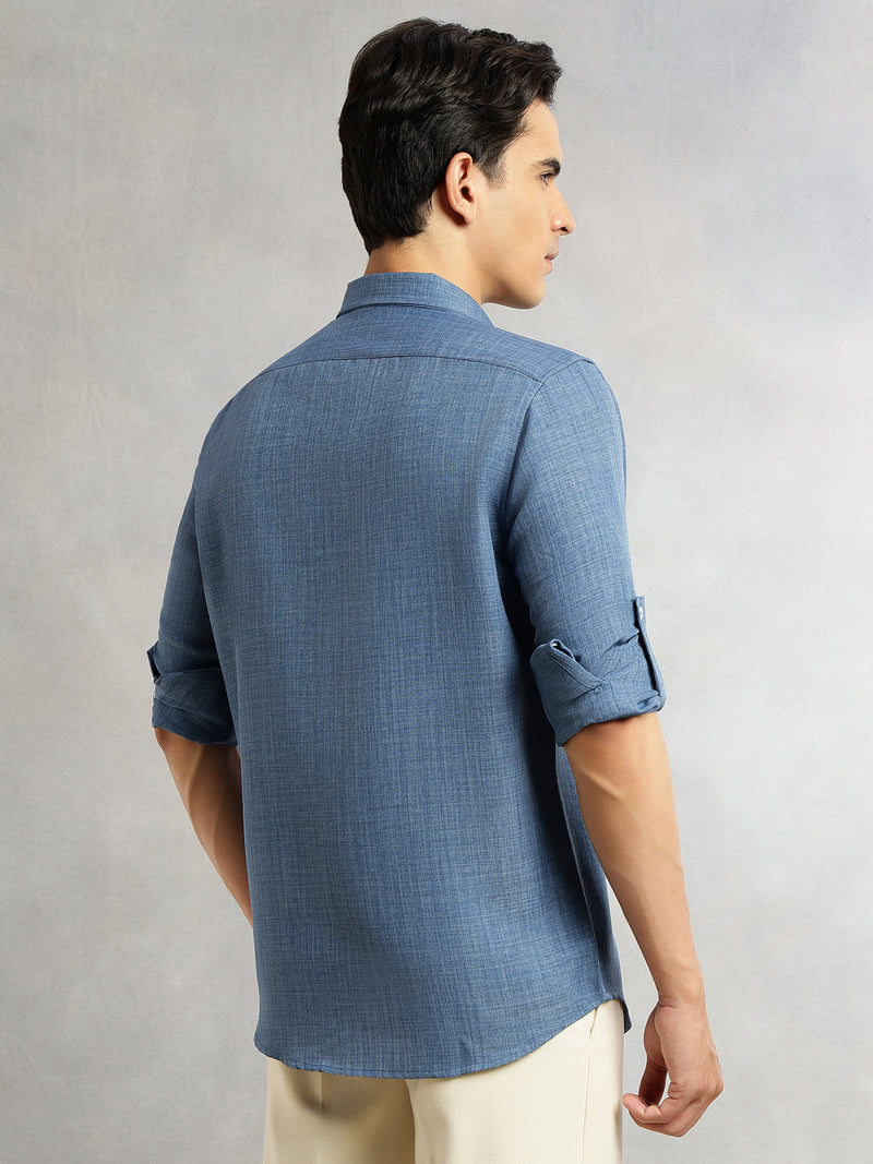 Thomas Scott Men Ink Blue Slim Fit Long Sleeves Button-Down Collar Polyester Casual Shirt