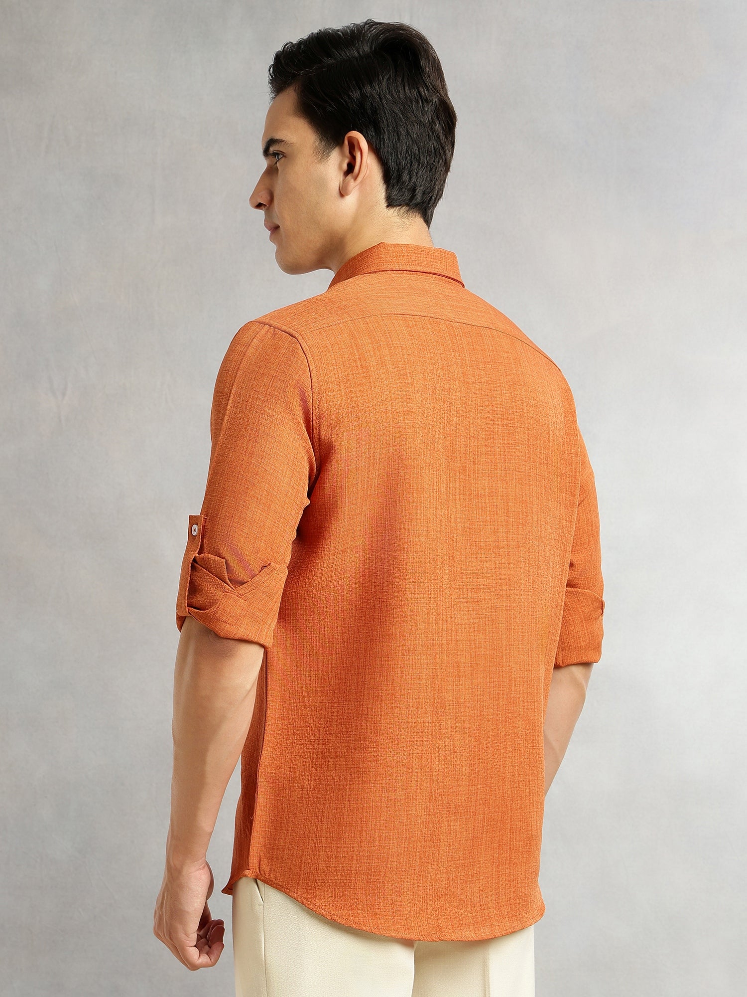 Thomas Scott Men Rust Slim Fit Long Sleeves Button-Down Collar Polyester Casual Shirt