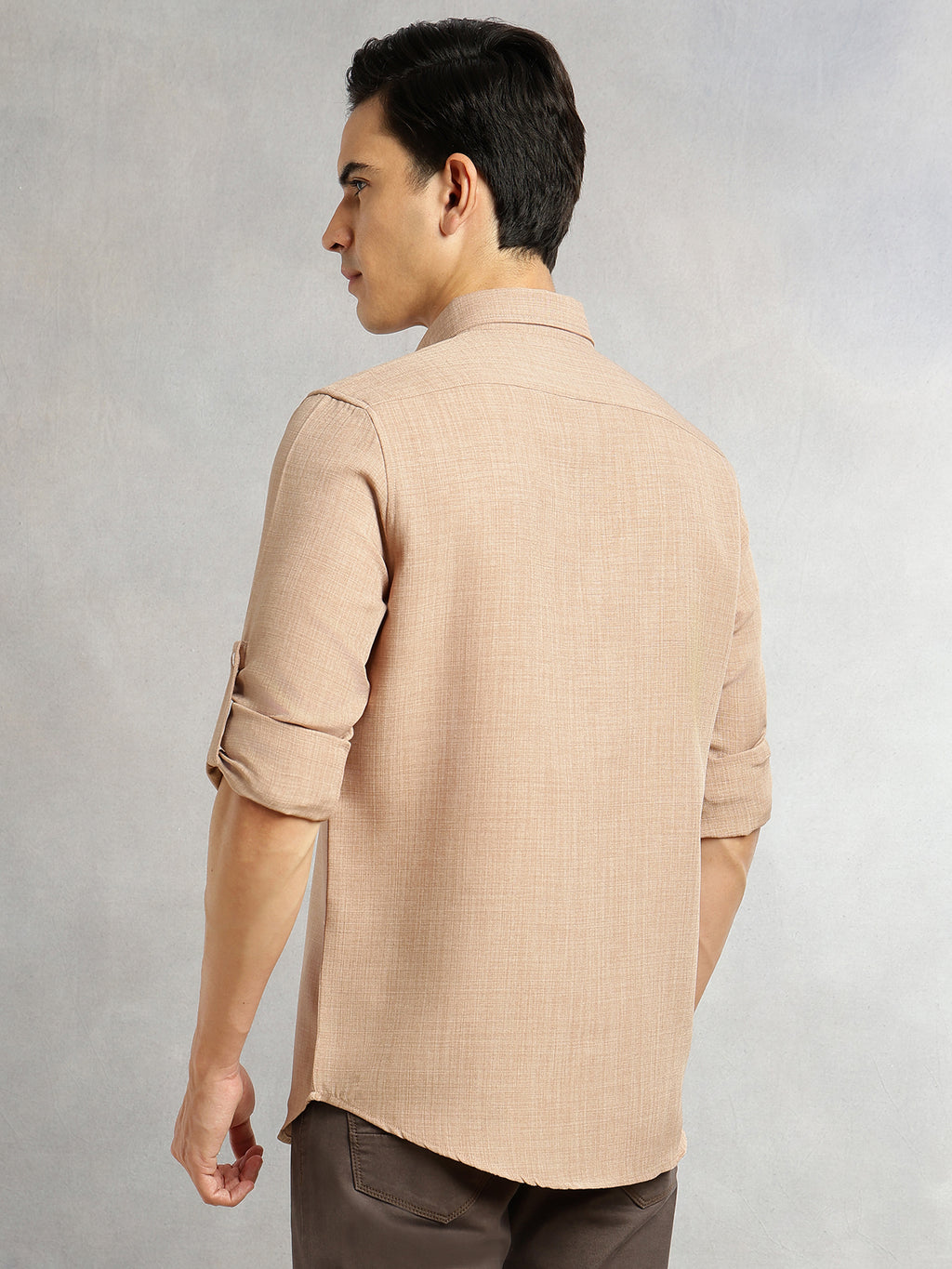 Thomas Scott Men Khaki Slim Fit Long Sleeves Button-Down Collar Polyester Casual Shirt