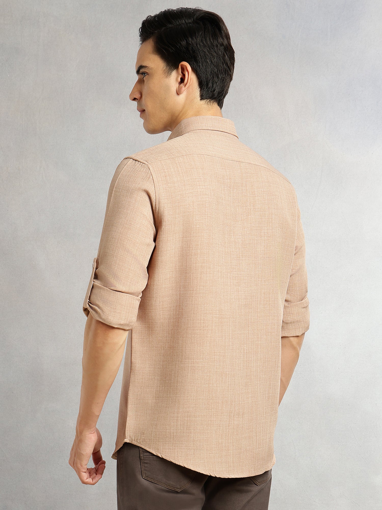 Thomas Scott Men Khaki Slim Fit Long Sleeves Button-Down Collar Polyester Casual Shirt