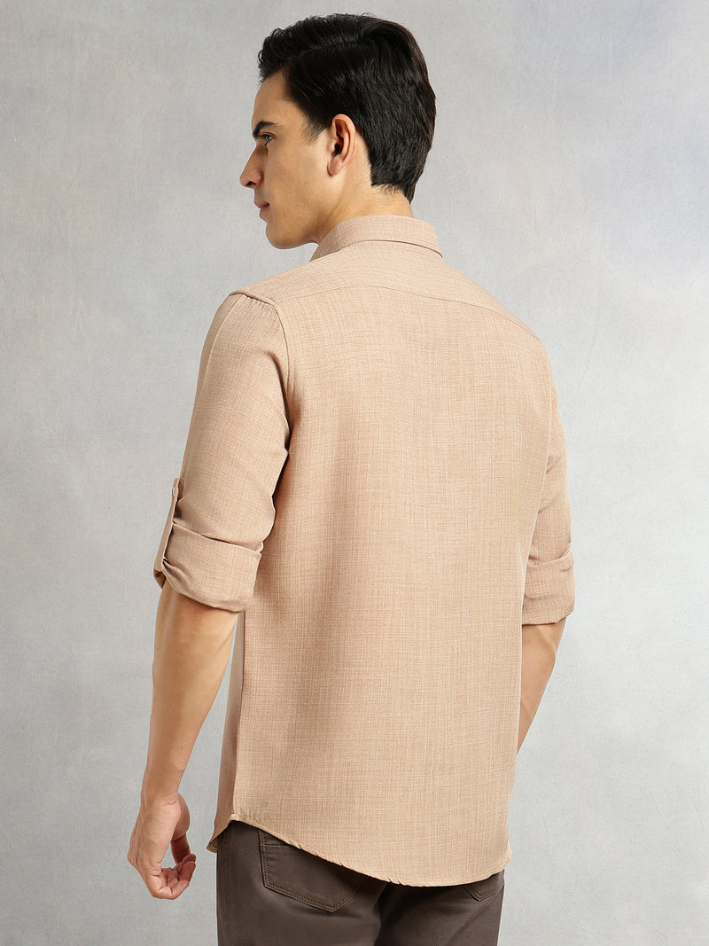Thomas Scott Men Khaki Slim Fit Long Sleeves Button-Down Collar Polyester Casual Shirt