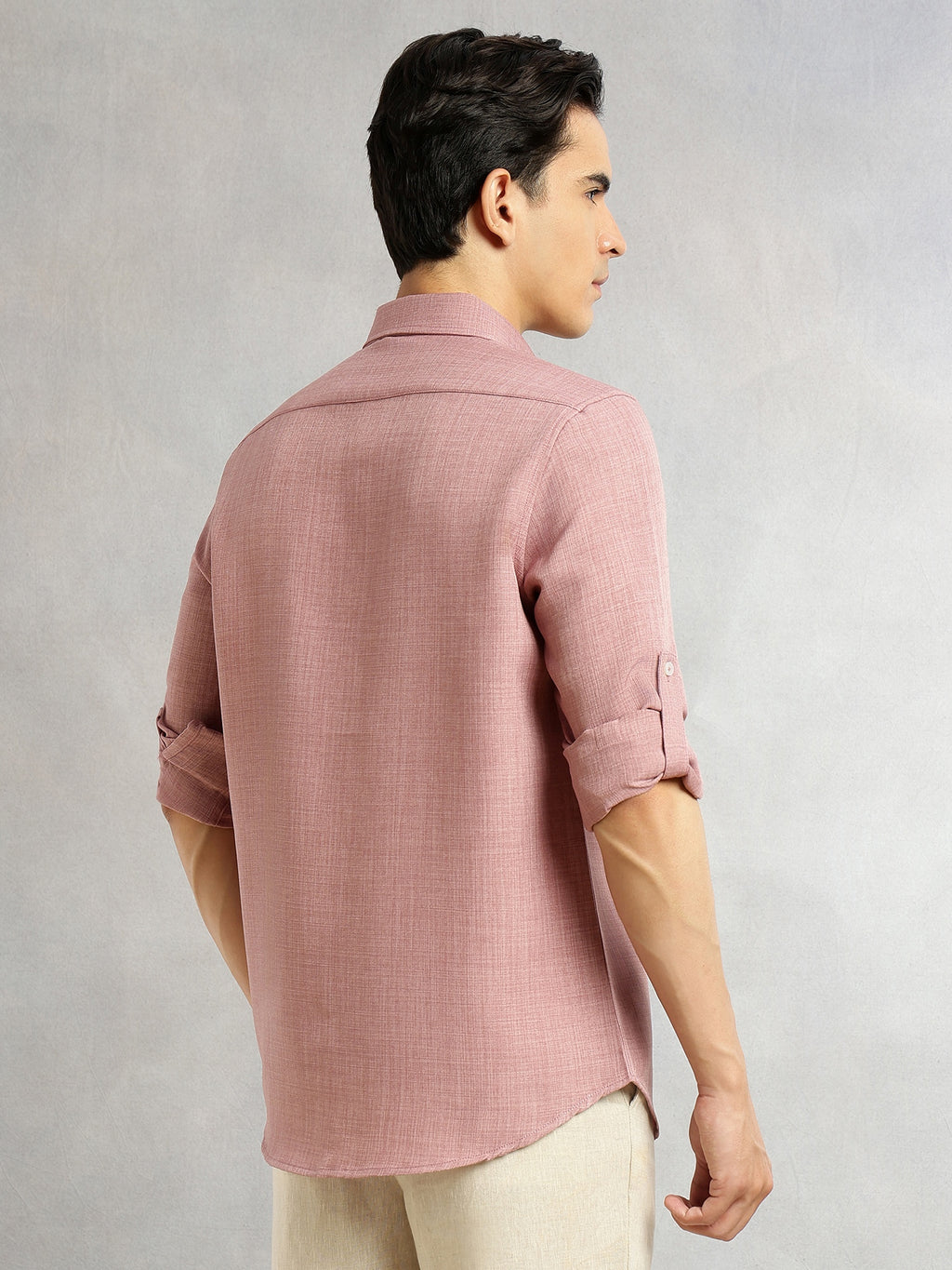 Thomas Scott Men Baby Pink Slim Fit Long Sleeves Button-Down Collar Polyester Casual Shirt
