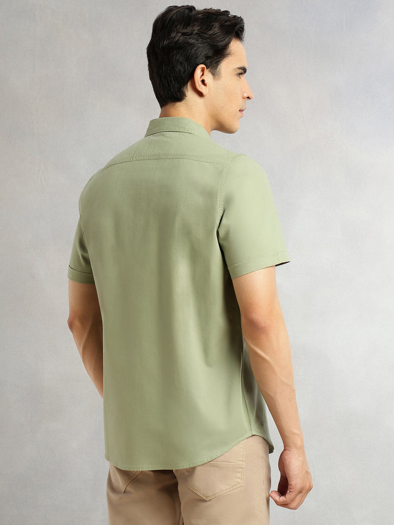Thomas Scott Men Light Olive Men Cricket Club Collection Premium Slim Fit Casual Shirt-Dual Flap Pockets With Short Sleeves