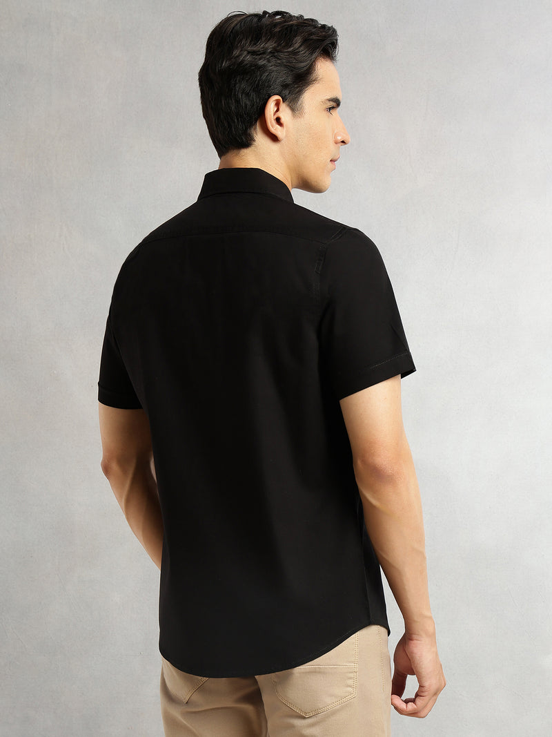 Thomas Scott Men Black Men Cricket Club Collection Premium Slim Fit Casual Shirt-Dual Flap Pockets With Short Sleeves