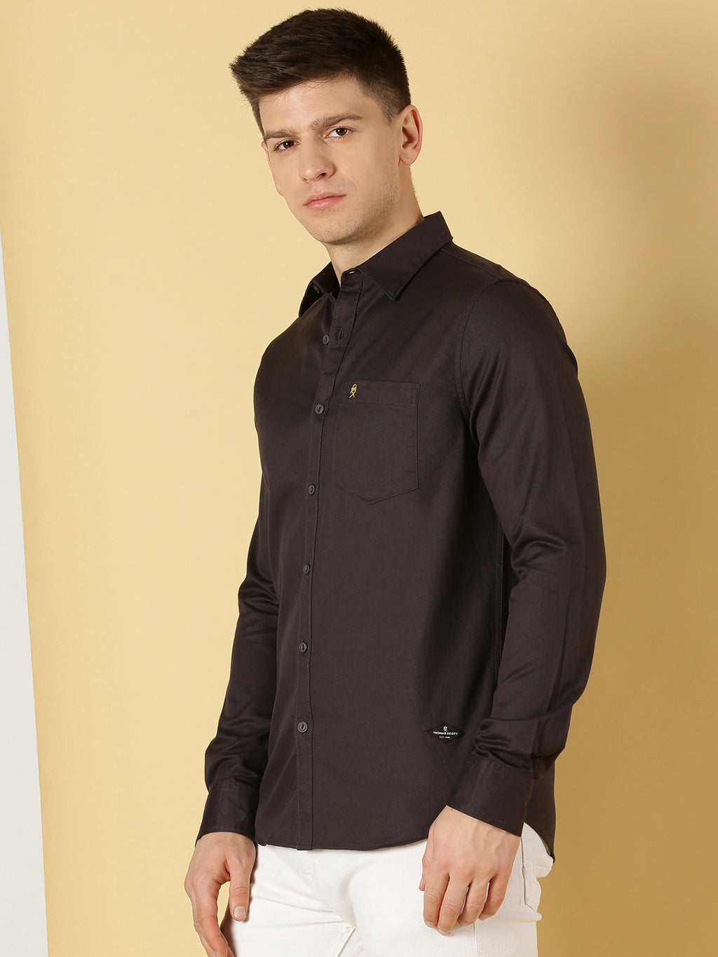 Thomas Scott Men Dark Grey Standard Slim Fit Spread Collar Long Sleeves 100% Cotton Casual Shirt