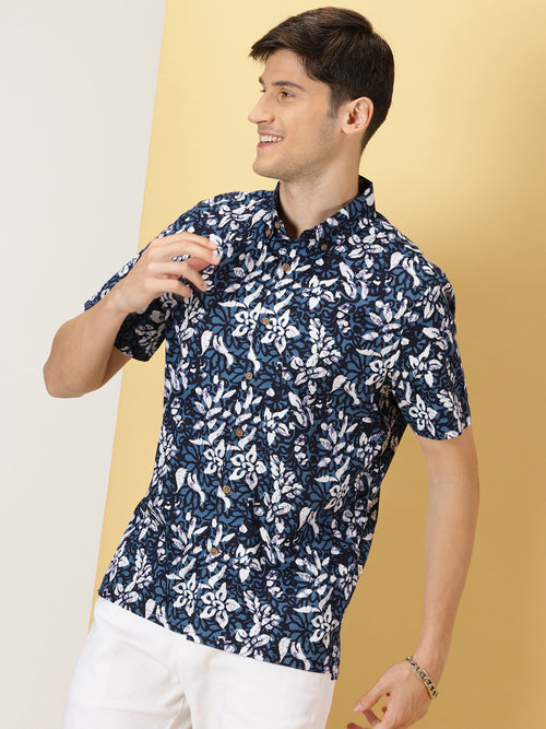 Thomas Scott Men Blue Smart Spread Collar Short Sleeves Slim Fit Floral Printed 100% Cotton Casual Shirt