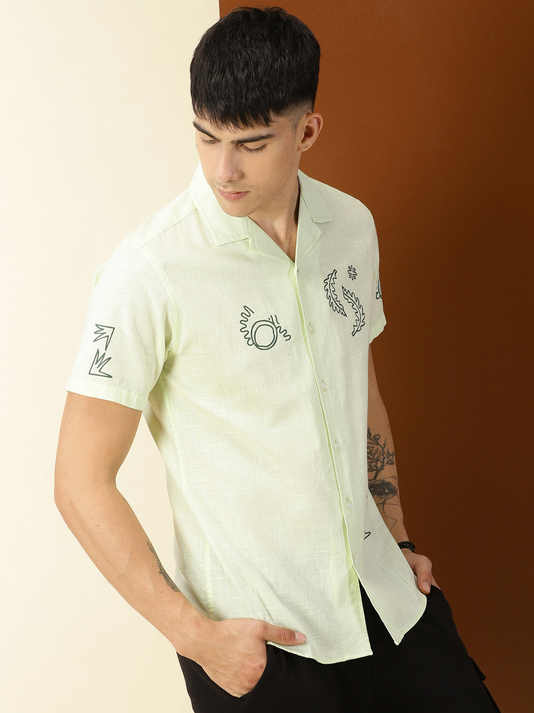 Thomas Scott Men Lime Green Premium Liberal Fit Short Sleeves Conversational Printed Cuban Collar Cotton Casual Shirt