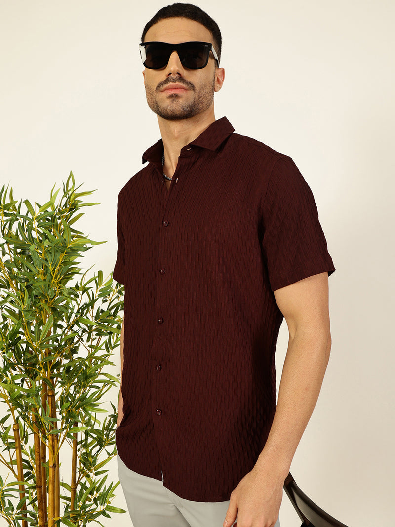 Thomas Scott Men Maroon Premium Short Sleeves Regular Fit Spread Collar Textured Casual Shirt