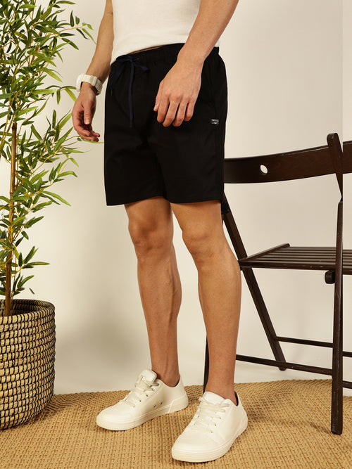 Thomas Scott Men Black Regular Fit Solid Outdoor Woven Shorts with Drawstring Closure