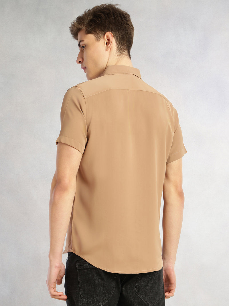 Thomas Scott Men Brown Regular Fit Short Sleeves Spread Collar Solid Polyester Casual Shirt