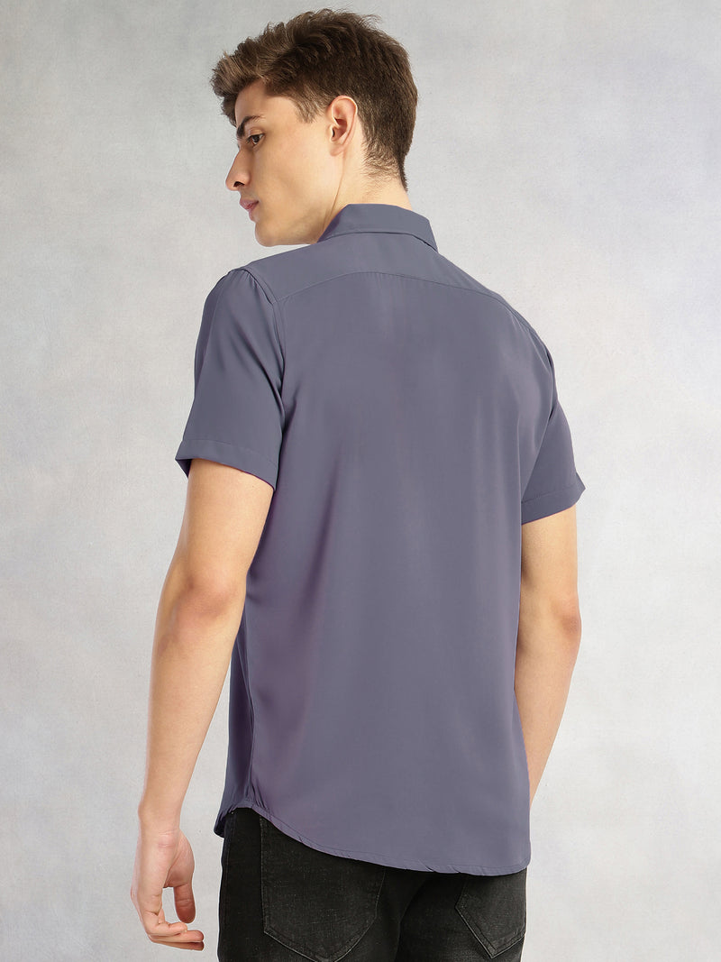 Thomas Scott Men Grey Regular Fit Short Sleeves Spread Collar Solid Polyester Casual Shirt