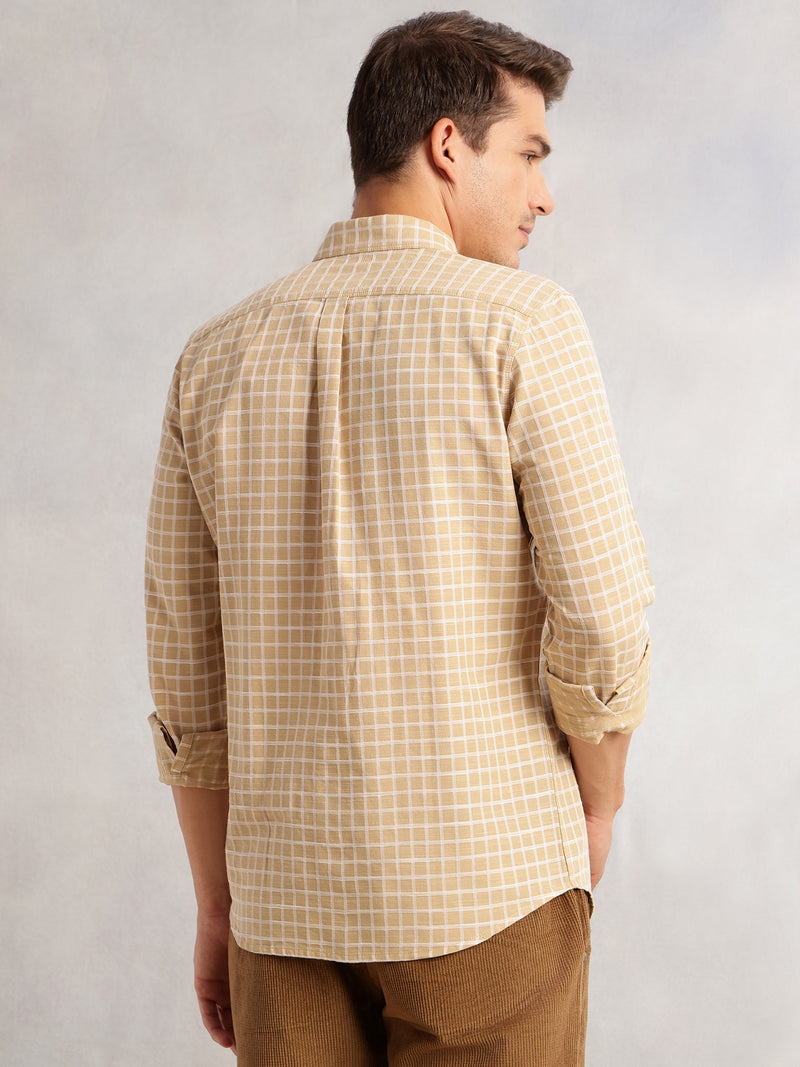 Thomas Scott Men Beige Regular Fit Long Sleeves Spread Collar Windowpane Check 100% Cotton Casual Shirt