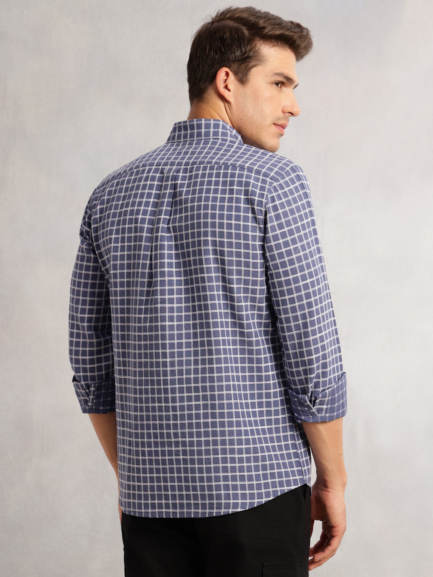 Thomas Scott Men Blue Regular Fit Long Sleeves Spread Collar Windowpane Check 100% Cotton Casual Shirt