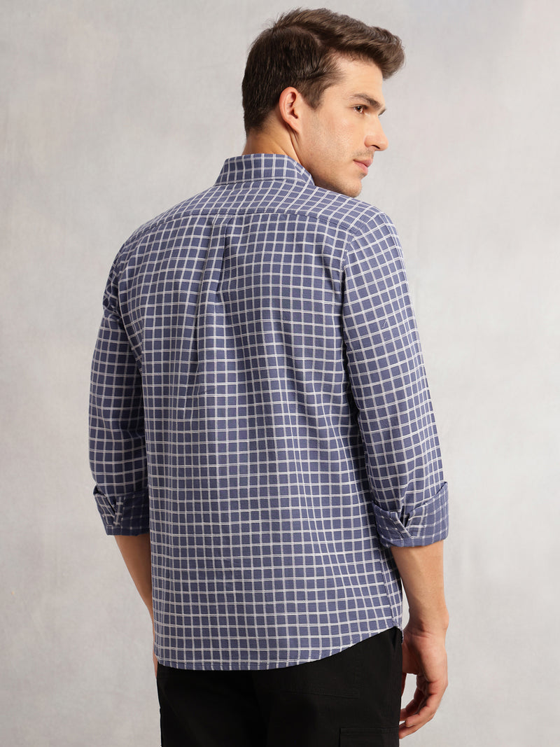 Thomas Scott Men Blue Regular Fit Long Sleeves Spread Collar Windowpane Check 100% Cotton Casual Shirt