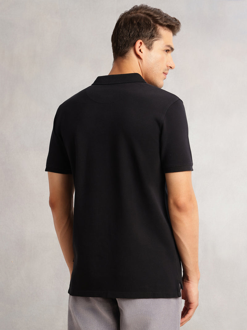 Thomas Scott Men Black Short Sleeves Regular Fit Solid 100% Cotton Polo Collar Knitted T-shirt