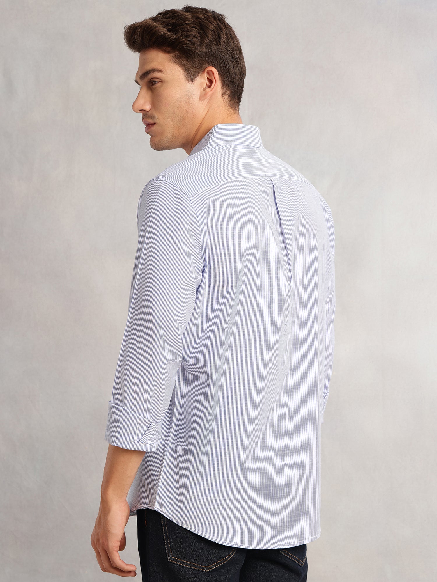Thomas Scott Men Blue Cricket Club Collection Pinstripe Long Sleeves Regular Fit Cotton Linen Casual Shirt