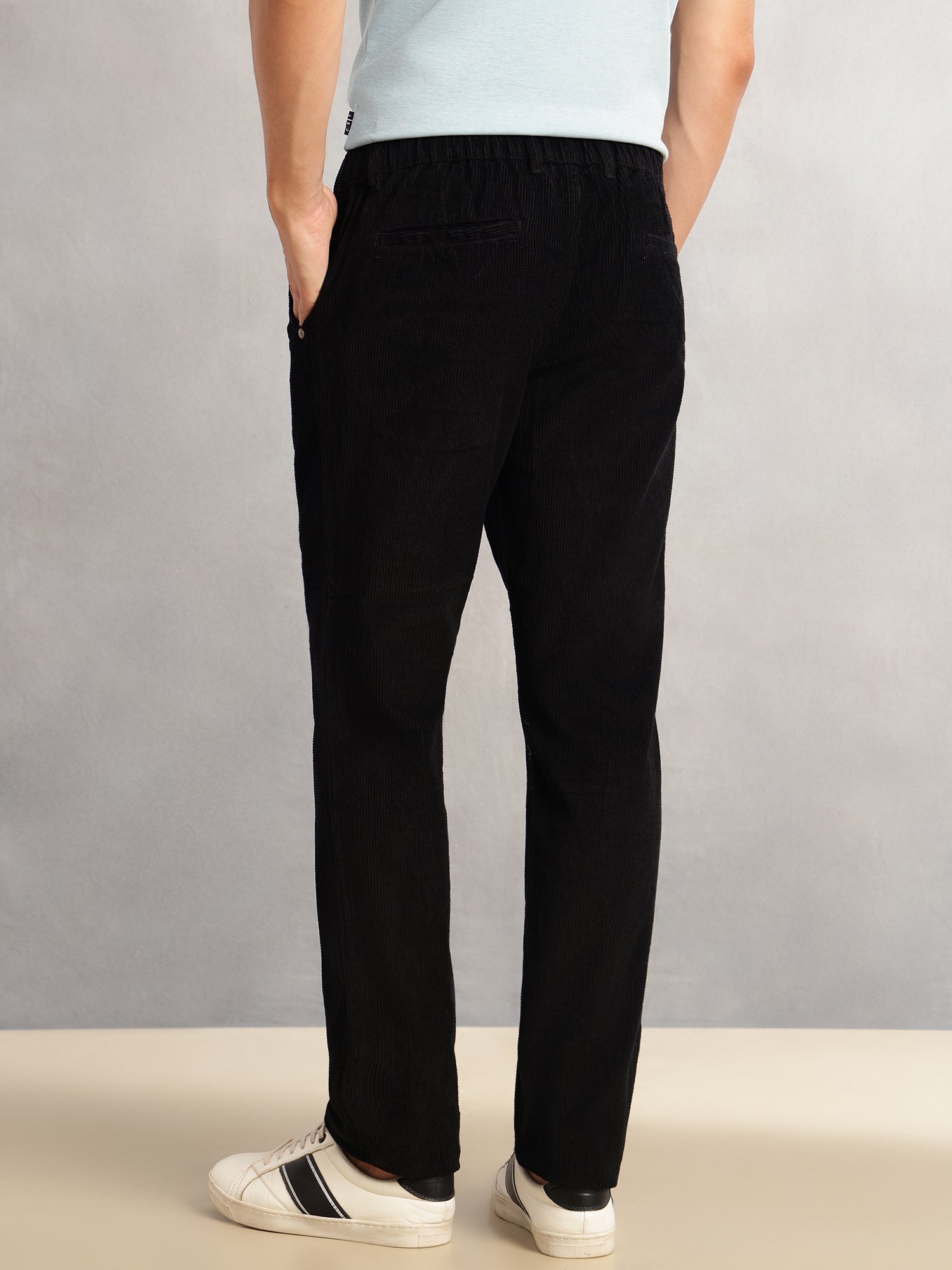 Thomas Scott Men Black Regular Fit Mid-Rise Textured 4-Pockets Design Corduroy Trouser