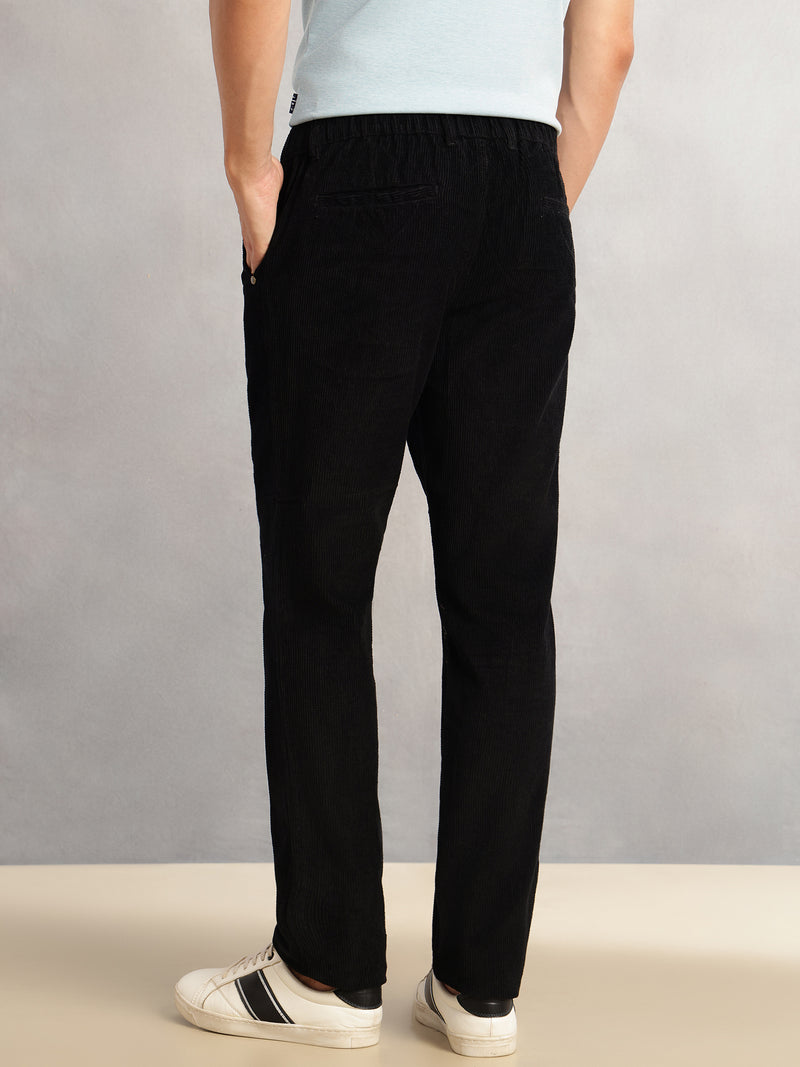 Thomas Scott Men Black Regular Fit Mid-Rise Textured 4-Pockets Design Corduroy Trouser