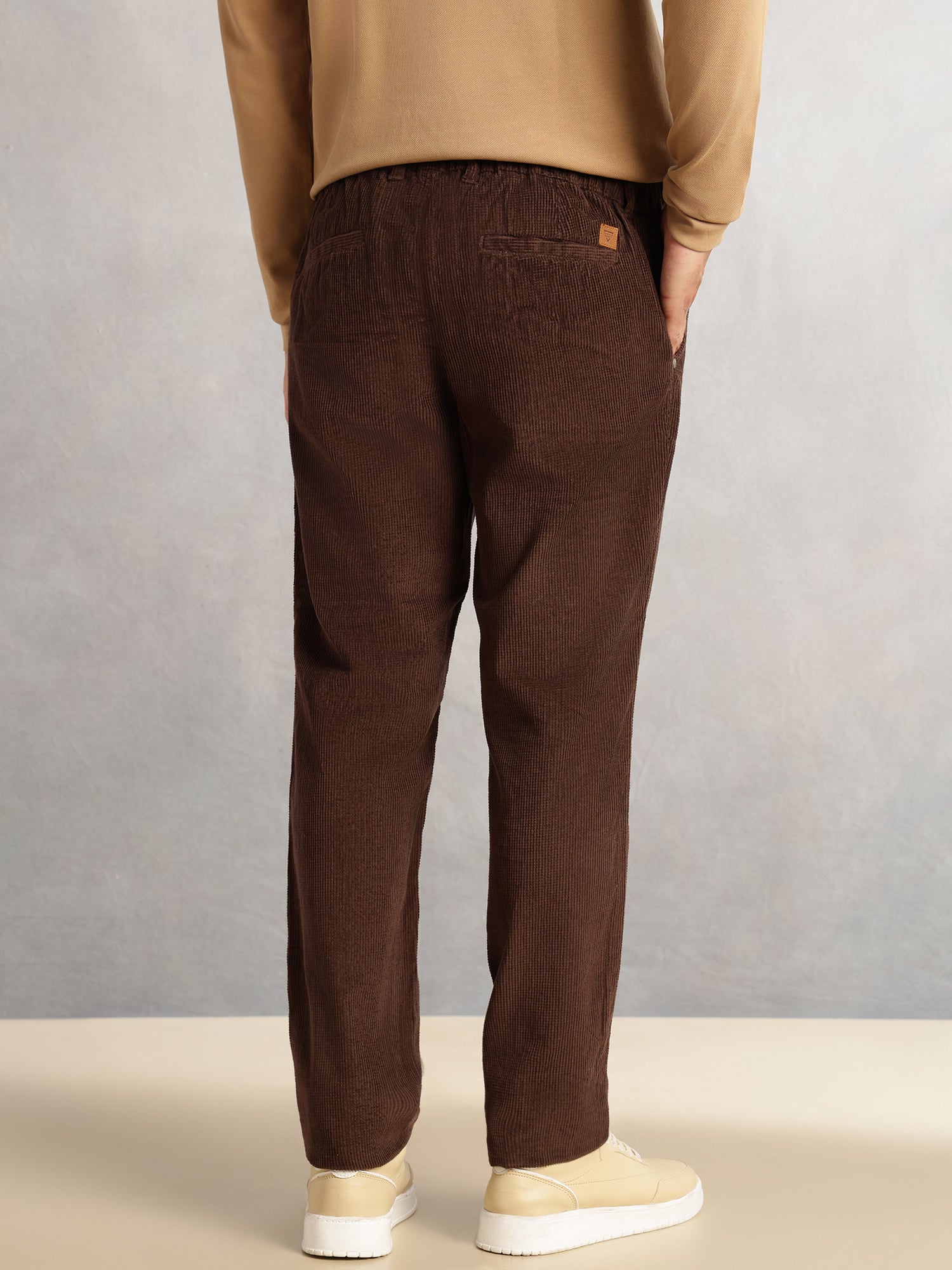 Thomas Scott Men Brown Regular Fit Mid-Rise Textured 4-Pockets Design Corduroy Trouser