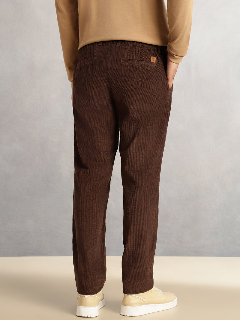 Thomas Scott Men Brown Regular Fit Mid-Rise Textured 4-Pockets Design Corduroy Trouser