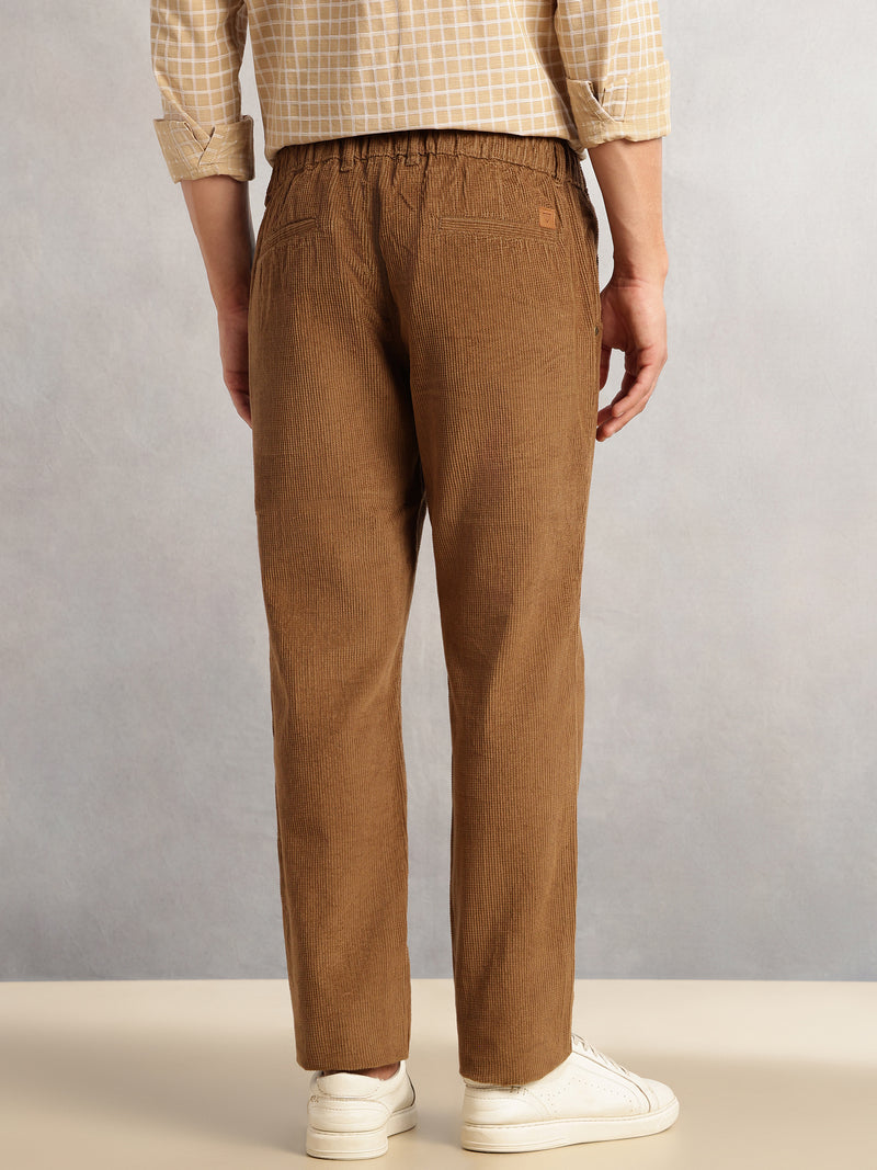 Thomas Scott Men Khaki Regular Fit Mid-Rise Textured 4-Pockets Design Corduroy Trouser