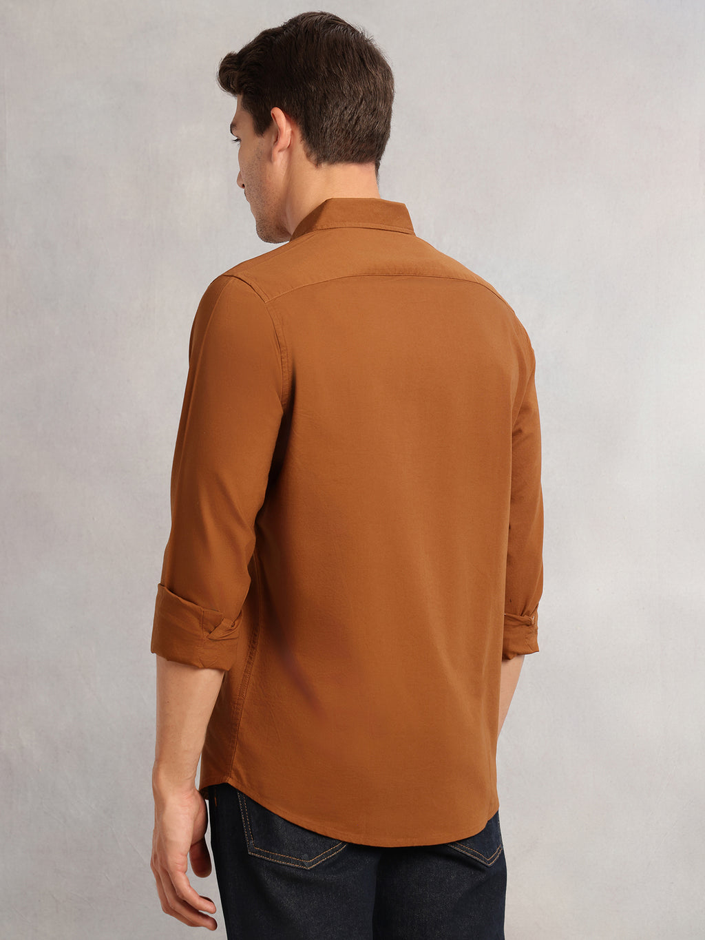 Thomas Scott Men Brown Cricket Club Collection Slim Fit Oxford Cotton Casual Shirt with Spread Collar & Long Sleeves