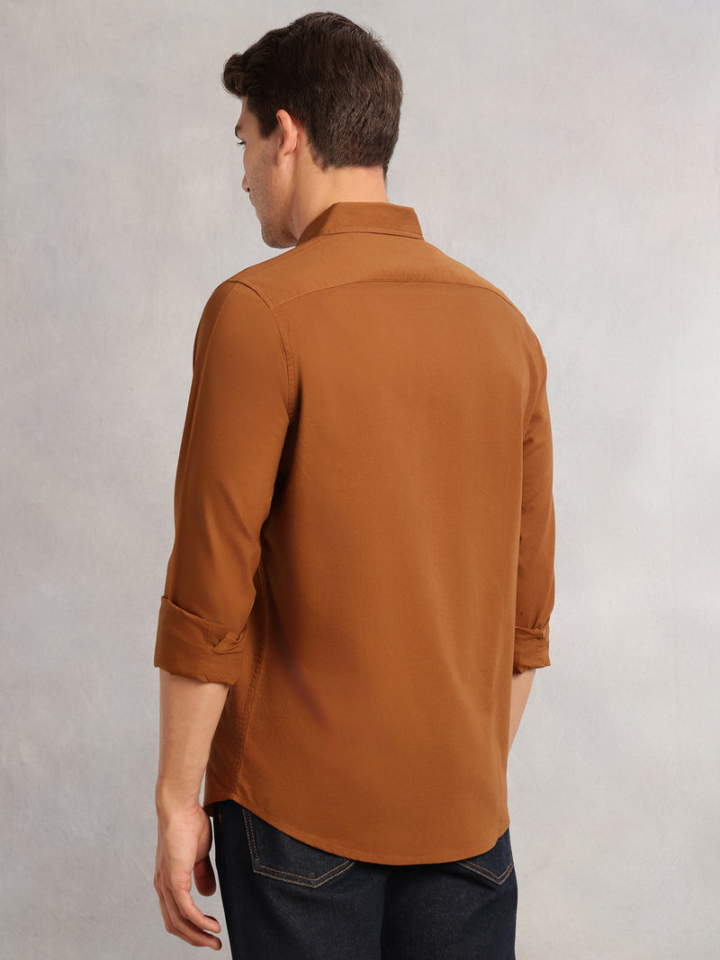 Thomas Scott Men Brown Cricket Club Collection Slim Fit Oxford Cotton Casual Shirt with Spread Collar & Long Sleeves