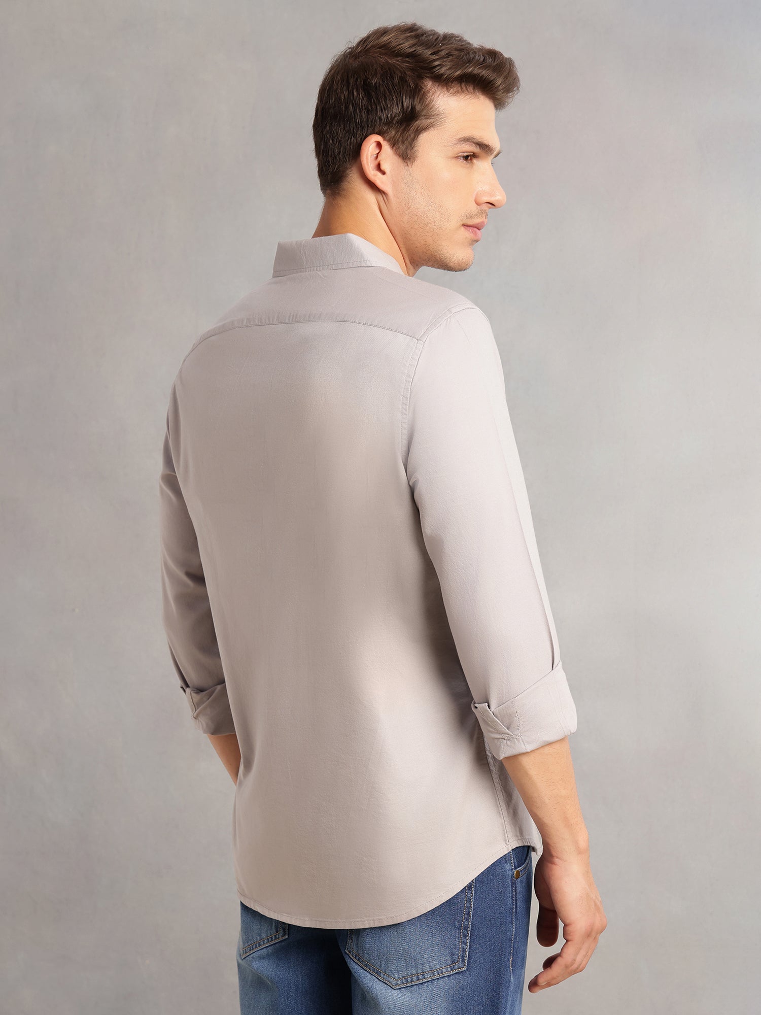Thomas Scott Men Grey Cricket Club Collection Slim Fit Oxford Cotton Casual Shirt with Spread Collar & Long Sleeves