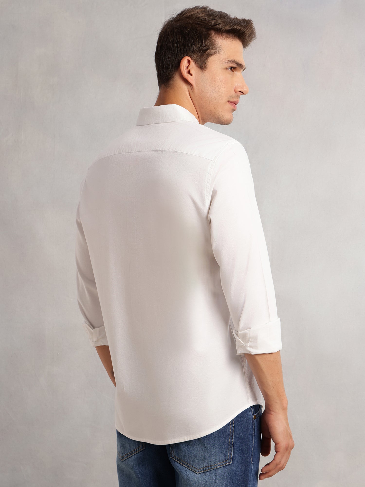 Thomas Scott Men White Cricket Club Collection Slim Fit Oxford Cotton Casual Shirt with Spread Collar & Long Sleeves