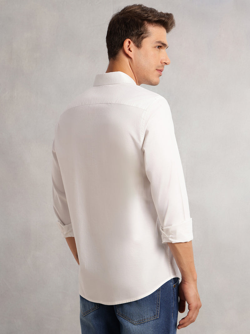 Thomas Scott Men White Cricket Club Collection Slim Fit Oxford Cotton Casual Shirt with Spread Collar & Long Sleeves