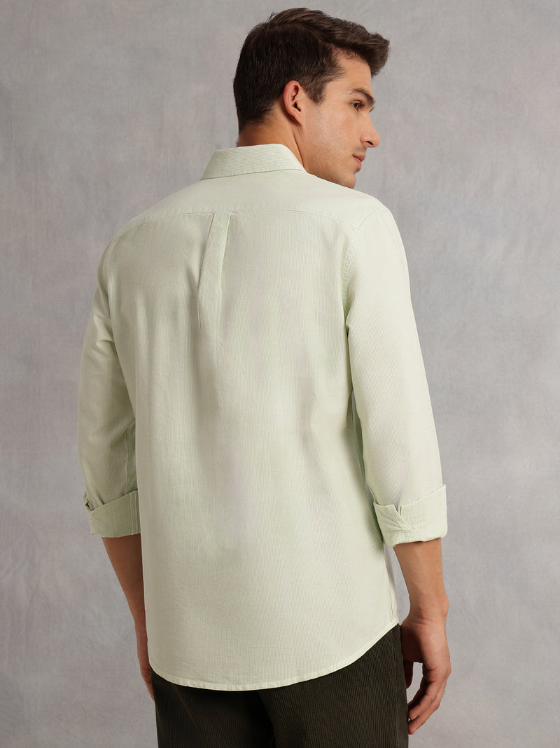 Thomas Scott Men Green Cricket Club Collection Regular Fit Pinstripes Long Sleeves Spread Collar 100% Cotton Oxford Casual Shirt