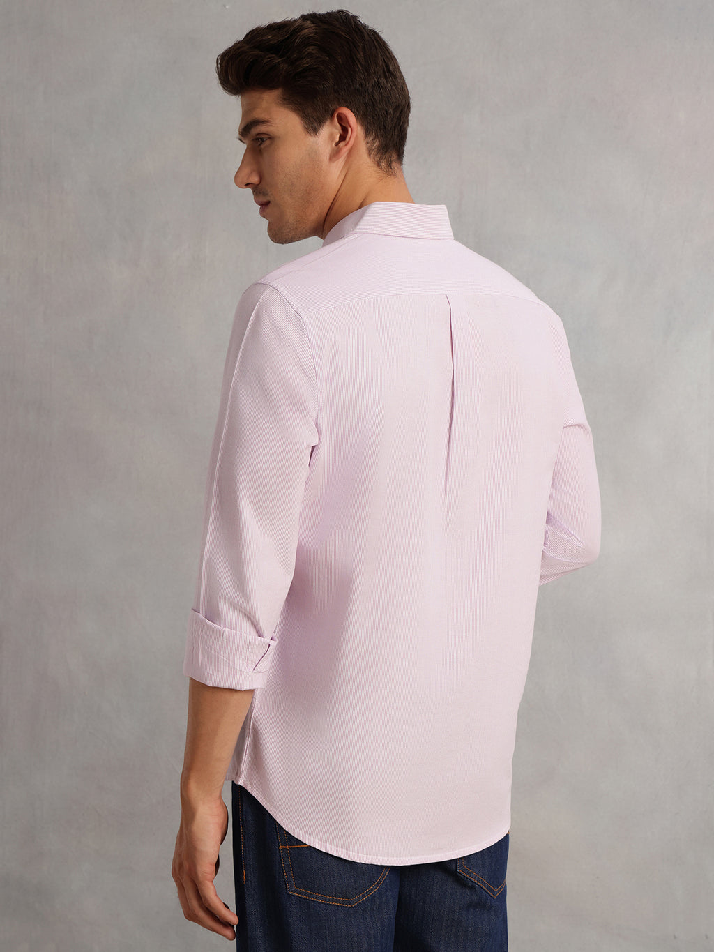 Thomas Scott Men Purple Cricket Club Collection Regular Fit Pinstripes Long Sleeves Spread Collar 100% Cotton Oxford Casual Shirt