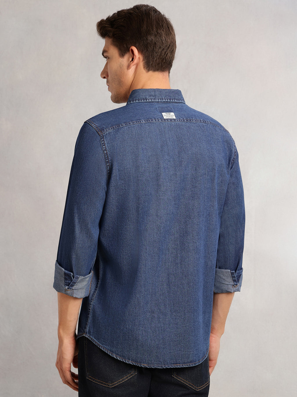 Thomas Scott Men Navy Cricket Club Collection Regular Fit Long Sleeves Spread Collar 100% Cotton Denim Casual Shirt