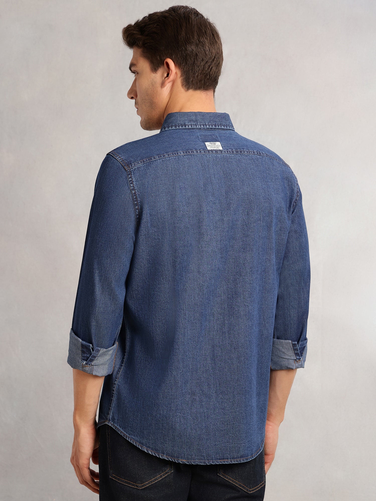 Thomas Scott Men Navy Cricket Club Collection Regular Fit Long Sleeves Spread Collar 100% Cotton Denim Casual Shirt