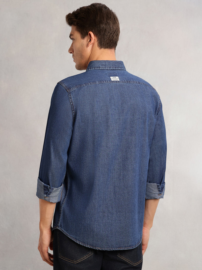 Thomas Scott Men Navy Cricket Club Collection Regular Fit Long Sleeves Spread Collar 100% Cotton Denim Casual Shirt