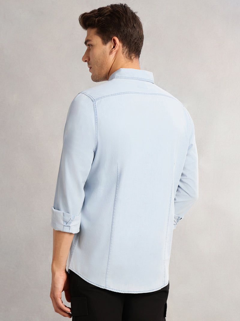 Thomas Scott Men Blue Cricket Club Collection Regular Fit Long Sleeves Spread Collar Cotton Denim Casual Shirt