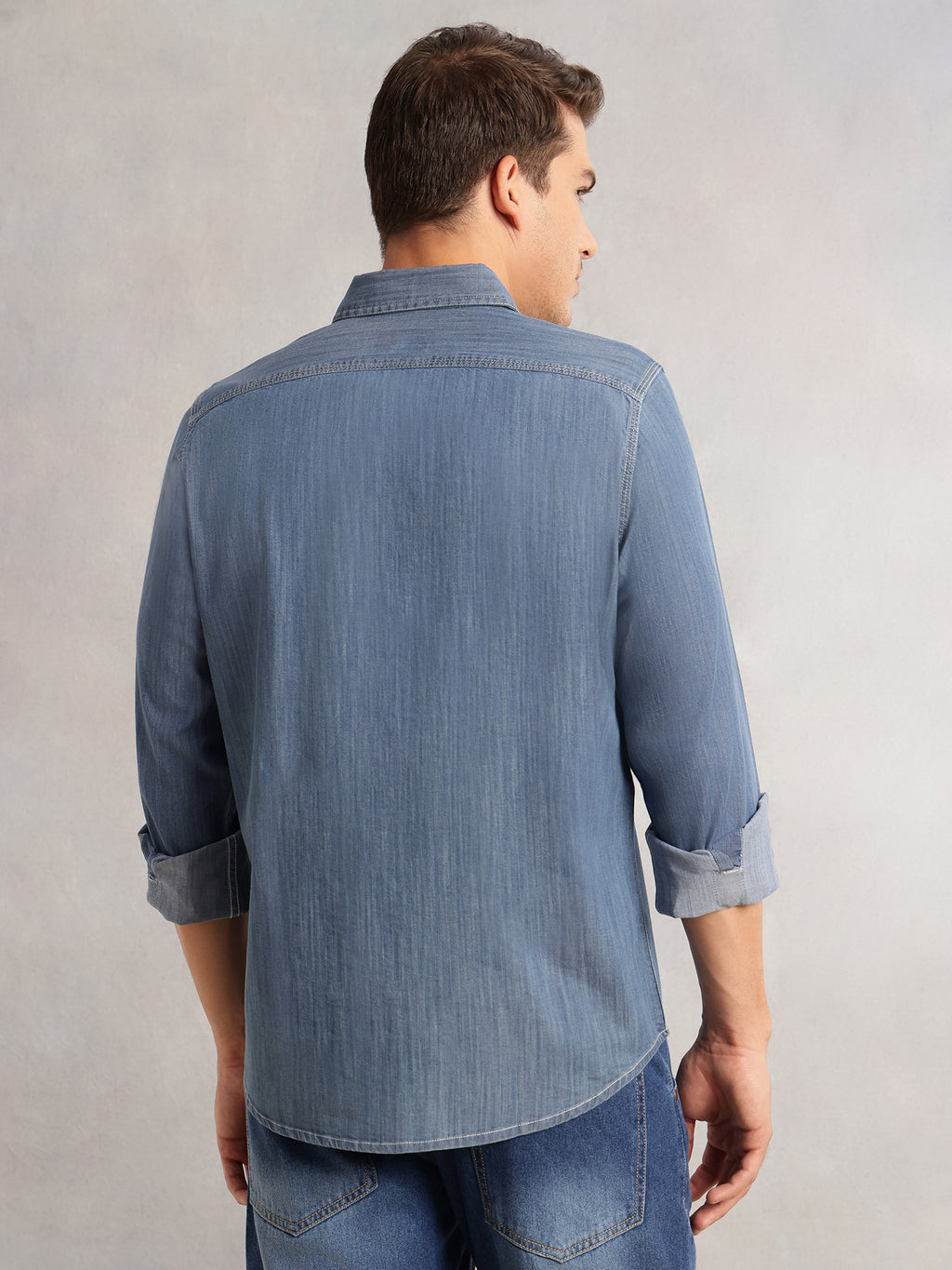 Thomas Scott Men Navy Cricket Club Collection Regular Fit Long Sleeves Spread Collar Medium Shade Cotton Denim Shirt