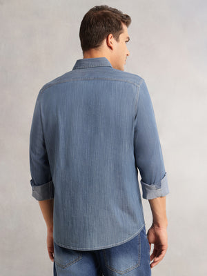 Thomas Scott Men Navy Cricket Club Collection Regular Fit Long Sleeves Spread Collar Medium Shade Cotton Denim Shirt