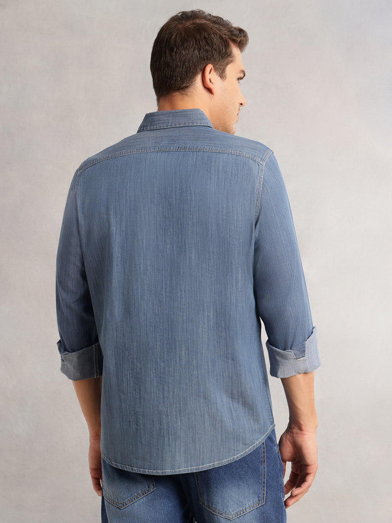 Thomas Scott Men Navy Cricket Club Collection Regular Fit Long Sleeves Spread Collar Medium Shade Cotton Denim Shirt