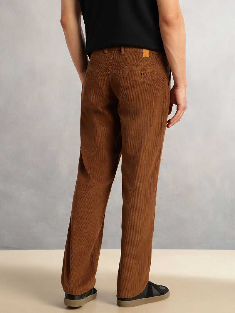 Thomas Scott Men Khaki Regular Fit Mid-Rise Textured 4 Pockets Design Corduroy Trouser