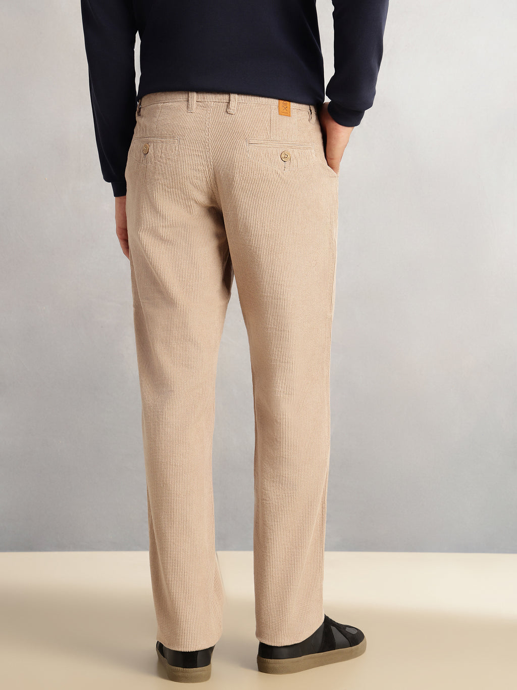 Thomas Scott Men Fawn Regular Fit Mid-Rise Textured 4 Pockets Design Corduroy Trouser