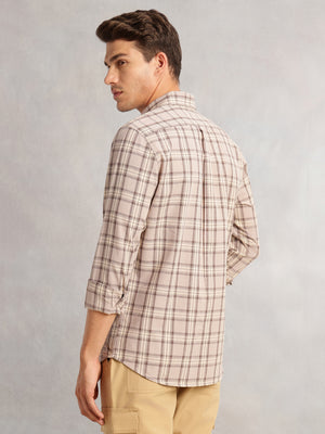 Thomas Scott Men Beige Regular Fit Long Sleeves Spread Collar Cotton Plaid Checked 100% Cotton Casual Shirt