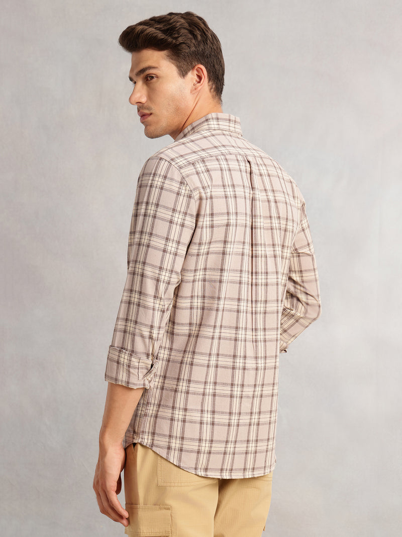 Thomas Scott Men Beige Regular Fit Long Sleeves Spread Collar Cotton Plaid Checked 100% Cotton Casual Shirt