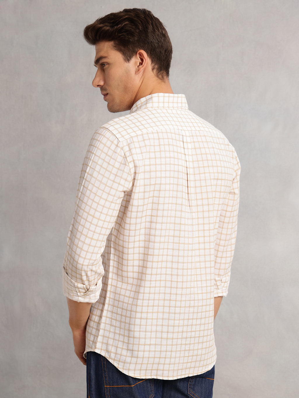 Thomas Scott Men Beige Regular Fit Long Sleeves Button Down Collar Windowpane Check 100% Cotton Casual Shirt
