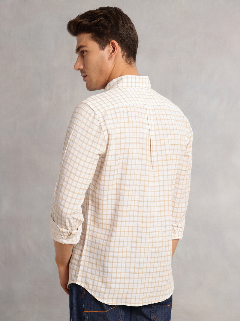 Thomas Scott Men Beige Regular Fit Long Sleeves Button Down Collar Windowpane Check 100% Cotton Casual Shirt