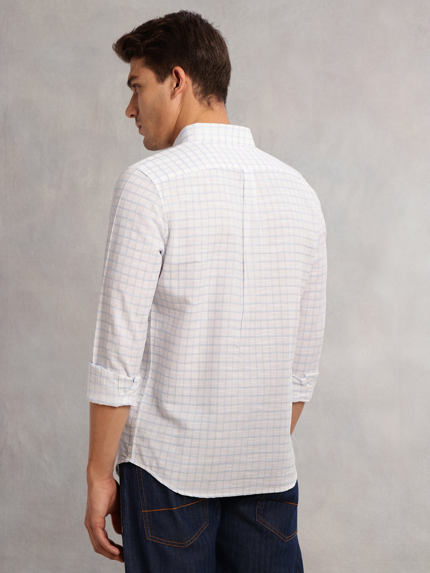 Thomas Scott Men Blue Regular Fit Long Sleeves Button Down Collar Windowpane Check 100% Cotton Casual Shirt